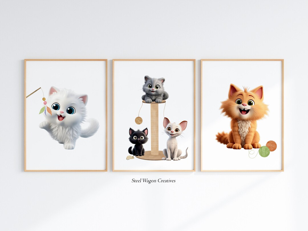 Cat Nursery Art, Set of 3, Funny Animal Art, Kitten Prints, Whimsical ...