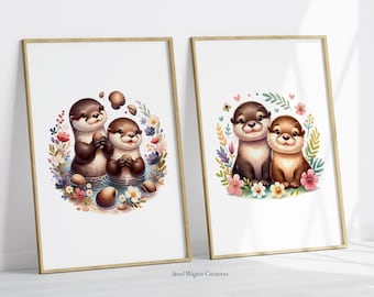 Cute Otter Nursery Wall Art Prints for Kids Digital Prints Sea Otter - Ocean Animals Nursery Watercolor Paintings for Kids Art Prints Sea