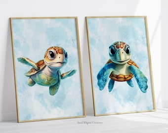 Sea Turtle Watercolor Nursery Art, Sea Turtle Art Printable, Sea Animal Printables for Kids, Marine Life Wall Art Digital Poster