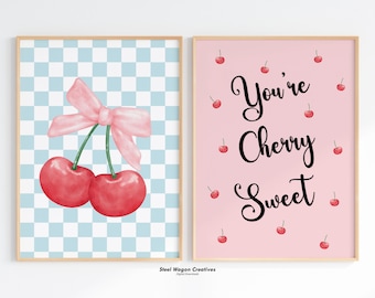Cherry Print for Nursery, Cherry Wall Art for Kids Room, Coquette Cherry Print, Checkered Nursery Decor, Girly Bow Aesthetic, Sweet Cherry