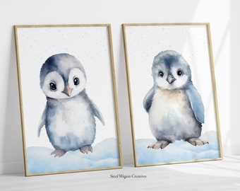 Fluffy Penguin Art Prints, Watercolor Emperor Penguin Wall Art, Baby Penguin Digital Prints, Nursery Kids Room Decor, Instant Download