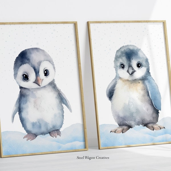 Fluffy Penguin Art Prints, Watercolor Emperor Penguin Wall Art, Baby Penguin Digital Prints, Nursery Kids Room Decor, Instant Download