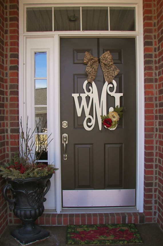 Custom Monogram Door Wreath Burlap Bow Red Cream Color Block And Script 24 Inch Initial Wooden Wedding Gift Front Door Decor Hanger
