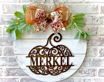 Farmhouse pumpkin fall doorhanger wreath with name - monogram pumpkin - family name fall pumpkin - Shiplap doorhanger