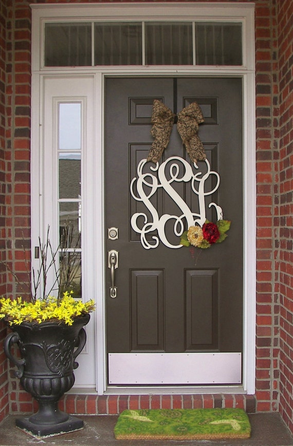 Custom Monogram Door Wreath Burlap Bow Red Cream Color All Etsy