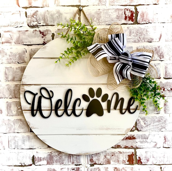 Welcome With Paw Print Door Hangers Wreath Farmhouse Shiplap Dog
