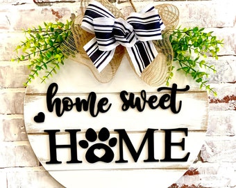Home sweet home with paw print door hangers wreath - Farmhouse shiplap Dog Cat pet wreath Door hanger