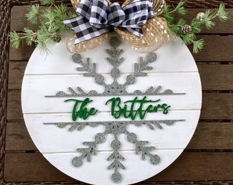 Snowflake Christmas Doorhanger Wreath - Personalized Christmas Doorhanger - Monogram Christmas Doorhanger - Winter Wreath - Buffalo Check