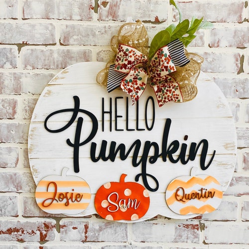 Farmhouse pumpkin fall buy doorhanger wreath with name - monogram pumpkin - family name fall pumpkin - Shiplap doorhanger - custom pumpkin