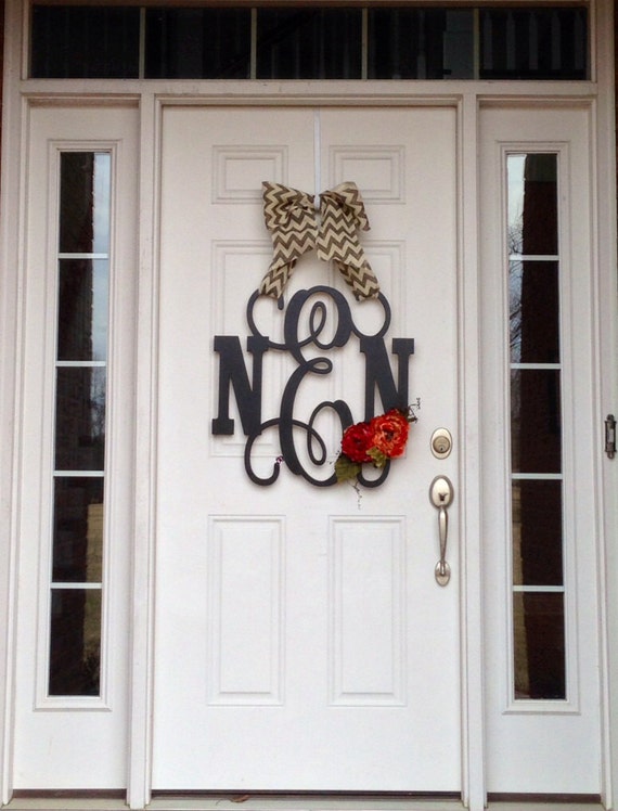 Custom Monogram Door Wreath Burlap Bow Black Color Block Etsy