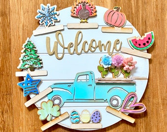 Interchangeable Welcome Truck Front Door Hanger Sign Wreath - Old Truck - Interchangeable Old Truck - Farmhouse Wreath