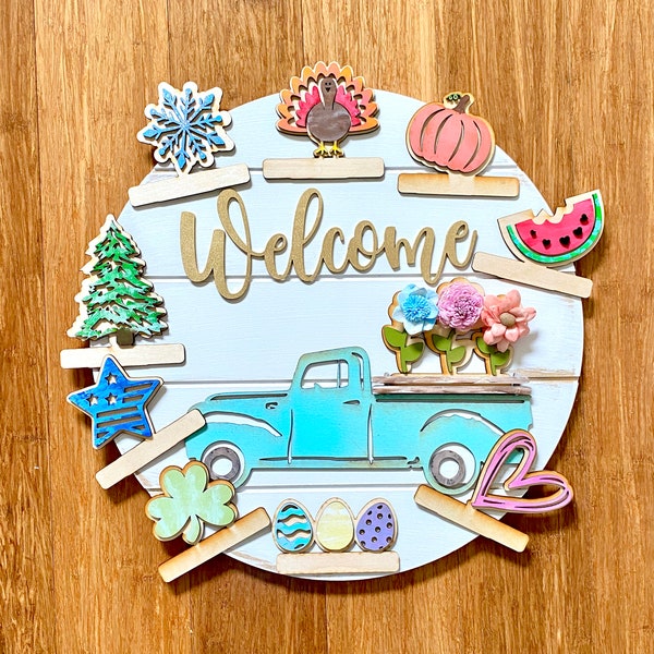 Interchangeable Welcome Truck Front Door Hanger Sign Wreath - Old Truck - Interchangeable Old Truck - Farmhouse Wreath