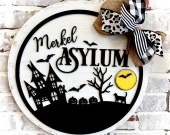 Insane Asylum PERSONALIZED Doorhanger Wreath - Personalized Halloween Decor - Door Hanger