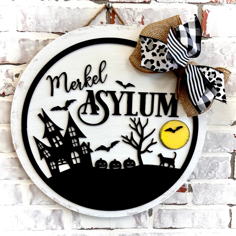 Insane Asylum PERSONALIZED Doorhanger Wreath Personalized Halloween Decor Door Hanger image 1