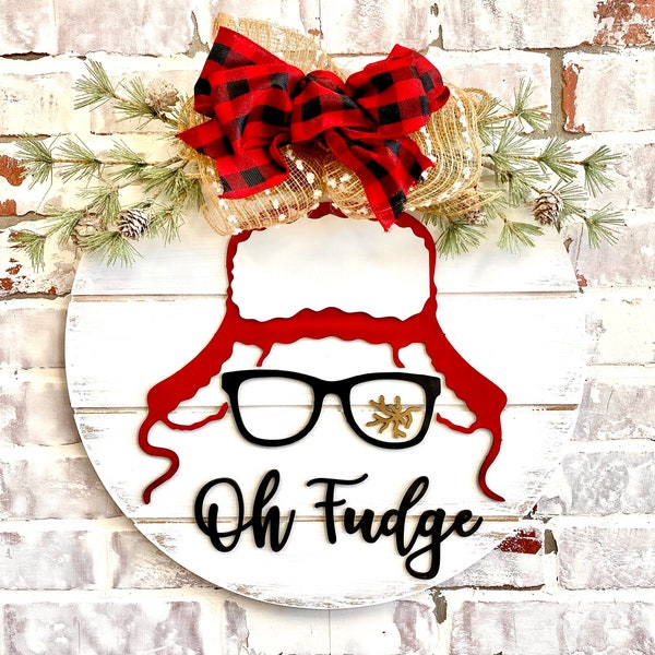 Oh Fudge Christmas Story Door Hanger Wreath - Ralphie Hat Doorhanger - Christmas Story Wreath