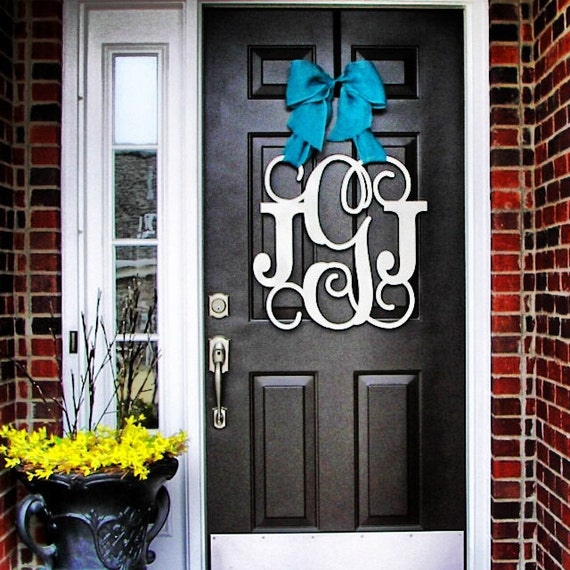 Wooden Monogram Door Hanger Burlap Bow House Warming Gift Block And Script 24 Inch Chevron Initial Wooden Wedding Gift Front Door Decor