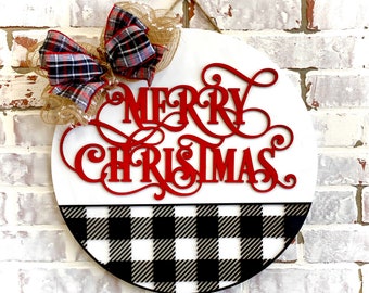 Merry Christmas door hanger wreath sign - Buffalo check wood doorhanger