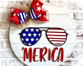 Merica Farmhouse shiplap wreath Doorhanger - Patriotic wreath door hanger - 4th of July  doorhanger - hi wreath - round shiplap wreath