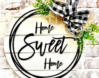 Home Sweet Home Farmhouse Wreath Doorhanger - Hello wreath door hanger - family name doorhanger - round shiplap wreath