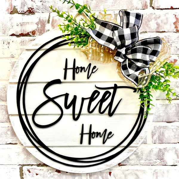 Home Sweet Home Farmhouse Wreath Doorhanger - Hello wreath door hanger - family name doorhanger - round shiplap wreath