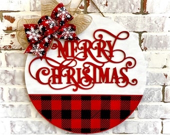 Merry Christmas door hanger wreath sign - Buffalo check wood doorhanger