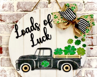 Shamrock Truck Door Hanger - Clover Truck St. Patrick's Day Wreath - Wooden Monogram Doorhanger - Spring Doorhanger Wreath - Monogram Clover