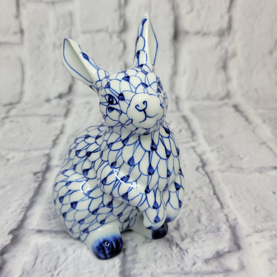 Hand Painted Porcelain Bunny Figurine Blue & White Decorative ...