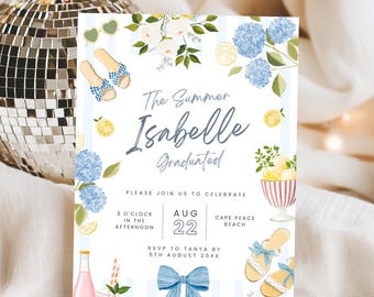 The Summer I Graduated Invitation, Editable Summer Party Invitation, Beach Theme Grad Party, Coastal Coquette Lemon Floral girl
