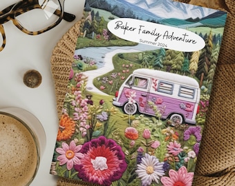 May include: A colorful embroidered illustration of a vintage van driving through a field of flowers. The text "Baker Family Adventure Summer 2024" is on the top of the image.