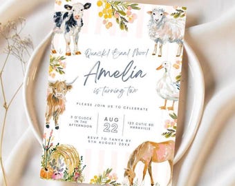 Farm 2nd Birthday Invitation Girl, Quack Baa Moo Party Invite, Pink Barnyard Birthday Template, Editable Invite custom cow horse