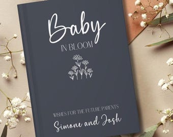 Gästbok för babyshower, Baby in Bloom-tema, Anpassat välkomsthälsning med vildblommor, Anteckningsbok för personliga önskemål till babyshowern, Råd för föräldrar