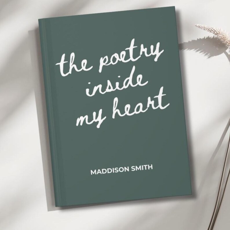 May include: A hardcover book with a teal cover featuring the white text "the poetry inside my heart" in a handwritten font. The author's name, Maddison Smith, is printed below the title. The book is displayed on a light surface.