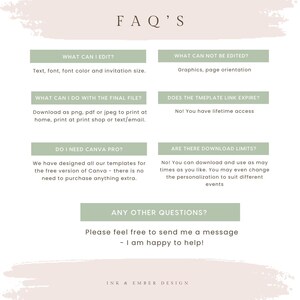 May include: A digital FAQ sheet with text in a serif font. The text is in a light green color, with headings such as "What can I edit?" and "Do I need Canva Pro?" The bottom of the sheet has the text "INK & EMBER DESIGN."