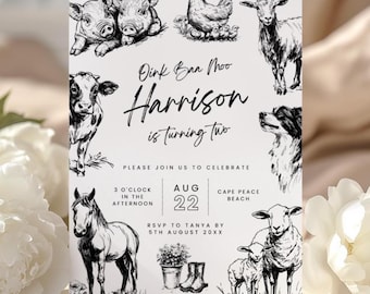 Oink Baa Moo is 2 Party Invite, Farm Birthday Invitation, black and White Barnyard Birthday Template, Editable 2nd Birthday custom cow horse