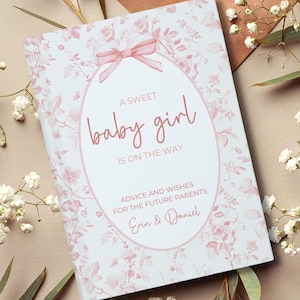 Baby Shower Guestbook, Pink Toile Sweet Baby Girl Welcome Book, Personalized Wishes for baby notebook, Advice for parents memory book