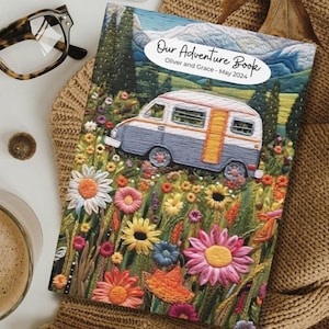 Our Adventure Book, Faux Embroidered Personalized Couples Travel Journal, Bucket List Notebook, RV, Honeymoon Memories, Family Camping plan