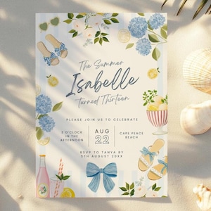 May include: A summer-themed invitation with the text "The Summer Isabelle Turned Thirteen." The design includes illustrations of sunglasses, sandals, lemons, hydrangeas, and a bow. The date is August 22nd, with a beach theme.