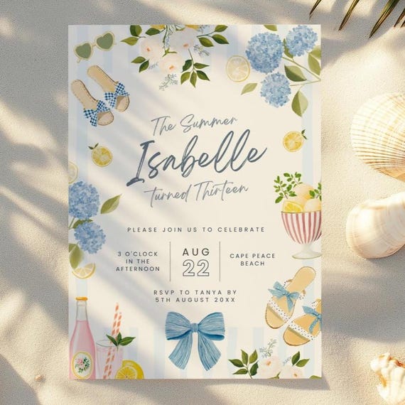 The Summer I Turned 13 Birthday Invitation, Editable Summer Party Invitation, Beach Theme 13th, Coastal Coquette Lemon Floral Teen Girl