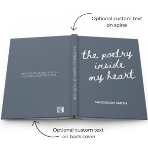 May include: A hardcover book with a gray cover, open to reveal the title "the poetry inside my heart" in white script. The spine reads "THE POETICAL WORKS OF MADDISON." The back cover has the text "LET YOUR HEART SPEAK IN LINES AND RHYTHM."