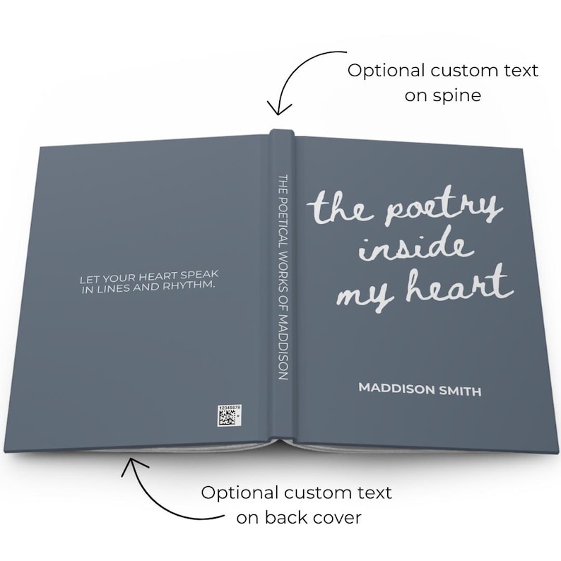 May include: A hardcover book with a gray cover, open to reveal the title "the poetry inside my heart" in white script. The spine reads "THE POETICAL WORKS OF MADDISON." The back cover has the text "LET YOUR HEART SPEAK IN LINES AND RHYTHM."