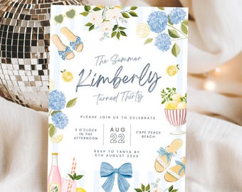The Summer I Turned 30 Birthday Invitation, Editable Summer Party Invitation, Beach Theme 30th, Coastal Coquette Lemon Floral Teen Girl