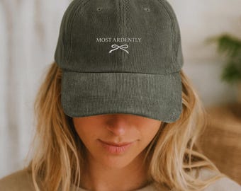 Embroidered Pride and Prejudice Jane Austen Corduroy Hat, Most Ardently, Book Lover Gift, Dad Cap, Elizabeth Bennet Quote