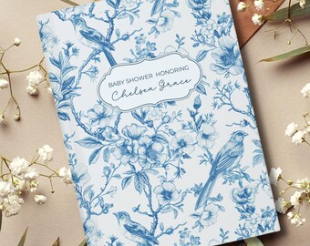 Baby Shower Guestbook, Blue Toile Welcome Book, Personalized Floral Chinoiserie Wishes for Baby notebook, Toile de Jouy, Advice for parents