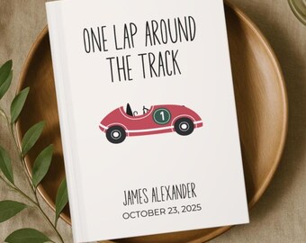 Libro de visitas para el primer cumpleaños "Una vuelta a la pista", bienvenida personalizada con diseño de coche de carreras, libro de recuerdos personalizado, deseos para el primer cumpleaños, cuaderno de recuerdos.