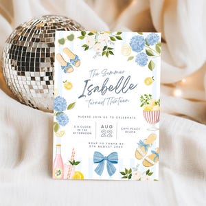 May include: A summer-themed invitation with the text "The Summer Isabelle Turned Thirteen." The design includes illustrations of sandals, lemons, flowers, and a bow. The date is August 22nd, with a beach theme.