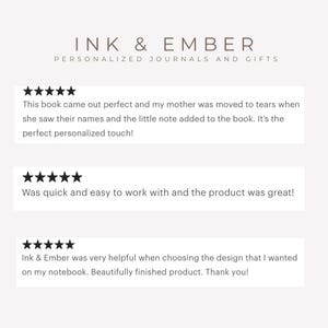Op de afbeelding: Afbeelding met het "INK & EMBER" logo en klantbeoordelingen. De beoordelingen vermelden een "perfecte persoonlijke touch" en een "geweldig product!" Sterrenbeoordelingen vergezellen de beoordelingen.