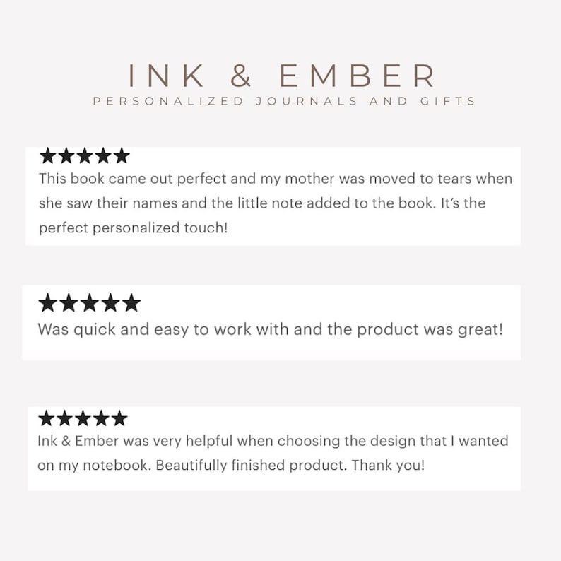 Op de afbeelding: Afbeelding met het "INK & EMBER" logo en klantbeoordelingen. De beoordelingen vermelden een "perfecte persoonlijke touch" en een "geweldig product!" Sterrenbeoordelingen vergezellen de beoordelingen.