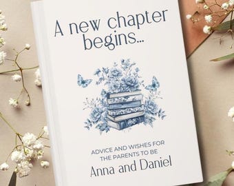 A New Chapter Begins Baby Shower Guestbook, Book Literary Themed Shower, Custom Welcome Book, Blue Toile Personalized Wishes for Baby