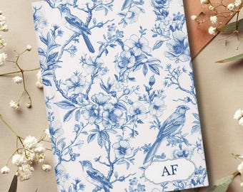 Personalized Monogram Journal Blue Toile, Custom Floral Chinoiserie initials notebook, 2025 planner Diary, Toile de Jouy gift for Mom Niece