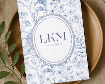 Personalized Monogram Journal Blue Toile, Custom Floral initials notebook